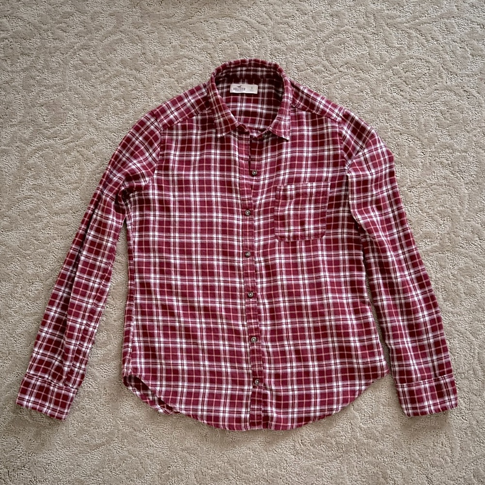 Red plaid flannel button shirt